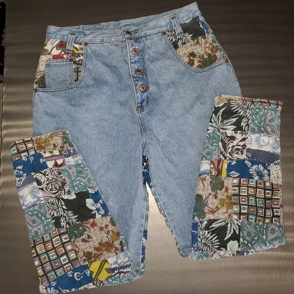 Zana Di Vintage 90s Patchwork Mixed Material Denim Blue Mom Jeans Button Fly 18 - Picture 1 of 15